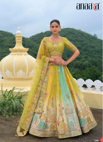 Shaded Multi Color Yellow Beautiful Traditional Designer Elegant Embroidery Work Cut Work Silk Lehenga - 7402